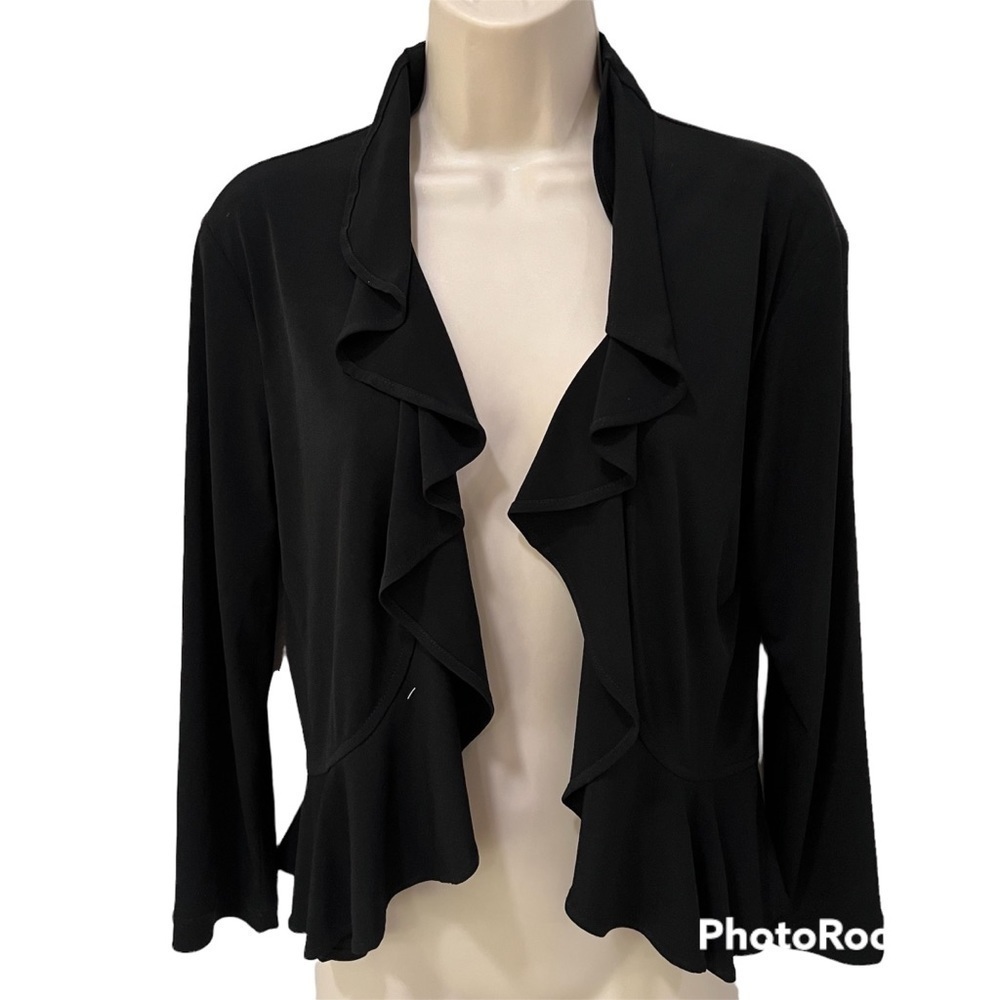 Black lightweight open front top blouse, S, long sleeves, ruffled front bottom.